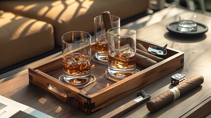 Aged Whiskey Glasses and Premium Cigars on Wooden Tray with Accessories