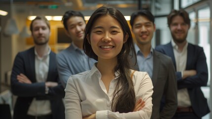 Obraz premium Portrait and leadership of businesswoman smiling in startup office and delighted with staff. Female boss with excited smile and team success, arms crossed or entrepreneurship enthusiasm.