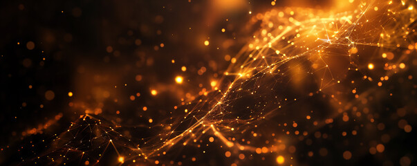 Abstract digital network background banner with glowing light and connecting data dots in black and gold colors. Big data technology concept.