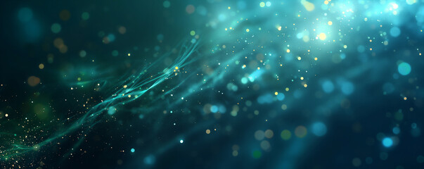 Abstract digital network background banner with glowing light and connecting data dots in blue and green colors. Big data technology concept.