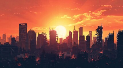 Fototapeta premium majestic postapocalyptic city skyline silhouette at sunset with tall buildings skyscrapers debris and destruction wide panoramic angle view premium pen tool cutout