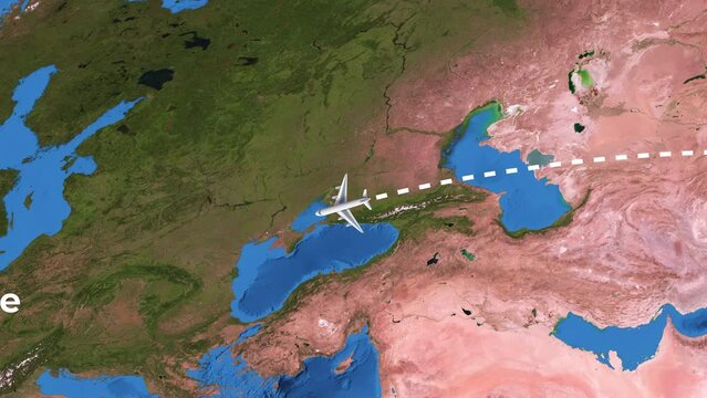International flight travel route from Singapore to Paris on worlds map in 4K