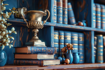 Academic ceremony featuring a gold trophy, books, and diploma symbolizes achievement in a vibrant 3D render, showcasing educational success and recognition in a realistic style.