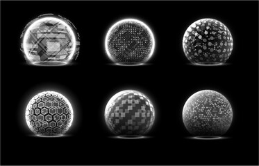 Glowing spheres white shield vector set, various geometric content of digital dome force barriers, energy defense shell