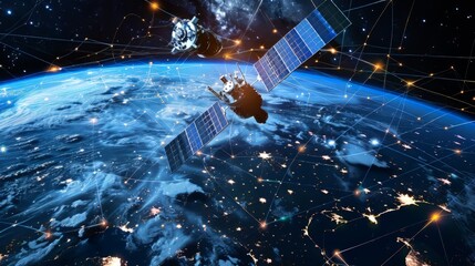 two satellites in orbit around the Earth, with a network of connections between them.