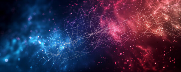 Abstract digital network background banner with glowing light and connecting data dots in blue orange and red colors. Big data technology concept.