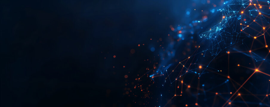 Abstract digital network circuit board background banner with glowing light and connecting data dots in blue and black colors. Big data technology concept.