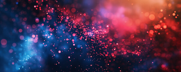Abstract digital network background banner with glowing light and connecting data dots in blue orange and red colors. Big data technology concept.