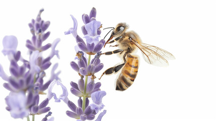 A flying honey bee on a purple lavender flower on a white background cutout. Macro side close-up view. macro. bee white flower.	