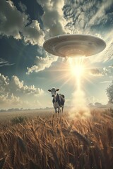 UFO, farm, field, light, alien invasion, cow study, abduction, transport. Survey, inspect, or fly...