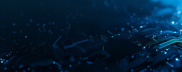 Abstract digital network circuit board background banner with glowing light and connecting data dots in blue and black colors. Big data technology concept.