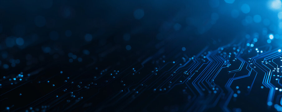 Abstract digital network circuit board background banner with glowing light and connecting data dots in blue and black colors. Big data technology concept.