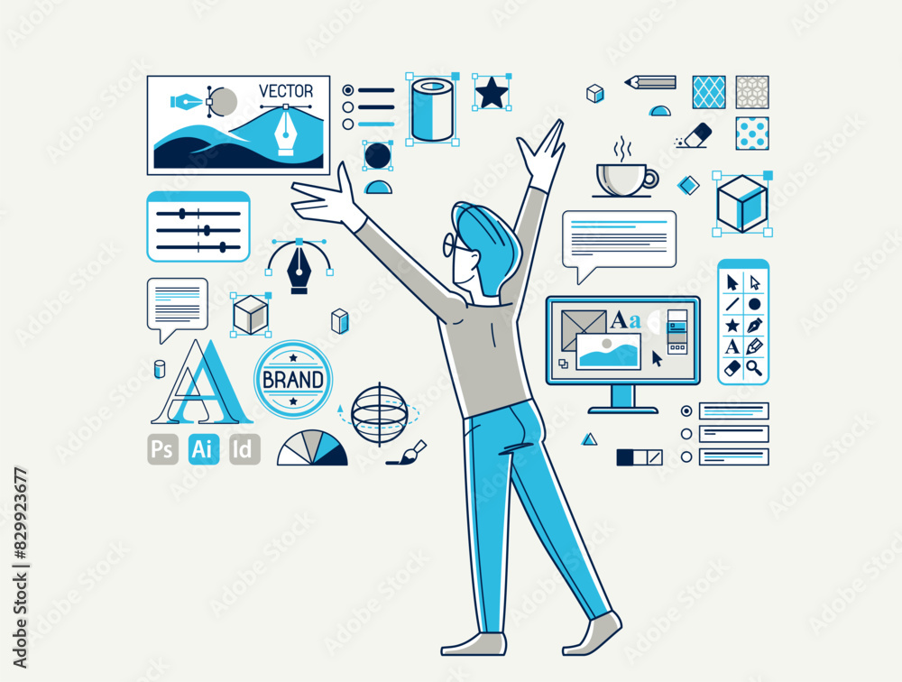Poster graphic designer doing some creative job using computer software, digital visual artist working on a