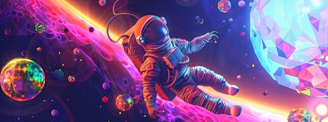 Merge space and dreams with a surrealist astronaut floating amidst geometric celestial bodies, rendered in a vibrant, otherworldly digital painting