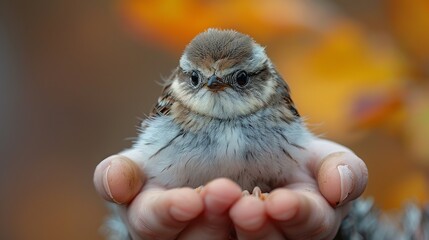 Hands cradling a small bird during a wildlife conservation effort. Minimal and Simple style