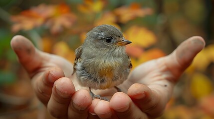 Hands cradling a small bird during a wildlife conservation effort. Minimal and Simple style