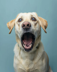 portrait studio d'un chien de race labrador faisant une grimace