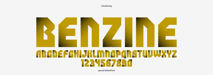 Halftone dotted futuristic cyberpunk font for logos and posters, vector brutal industrial typeface alphabet letters and numbers, urban technic future typography.