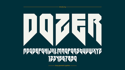 Sharp and bold gothic font for logo creation of for headlines, edgy geometric modern vector typeface, heavy metal and hard rock style alphabet with numbers.