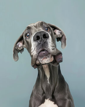 portrait studio d'un chien de race dogue allemand faisant une grimace