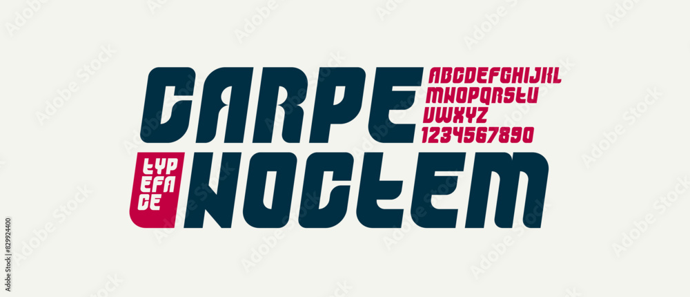 Fototapete Bold simple sans serif display font for logos headers or slogans, vector italic heavy geometric typeface, uppercase letters alphabet with numbers, poster and advertising.