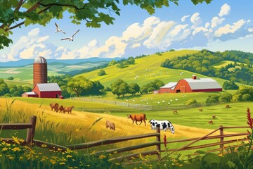 a cake with a farm and cows on it, A peaceful countryside scene with rolling hills