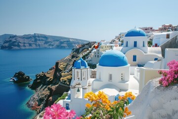 a view of a blue domed building on a cliff, A pristine Greek island village with whitewashed houses and blue-domed churches