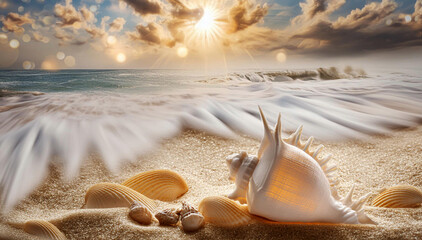Krajobraz morski, biała muszla makro, plaża zachód słońca