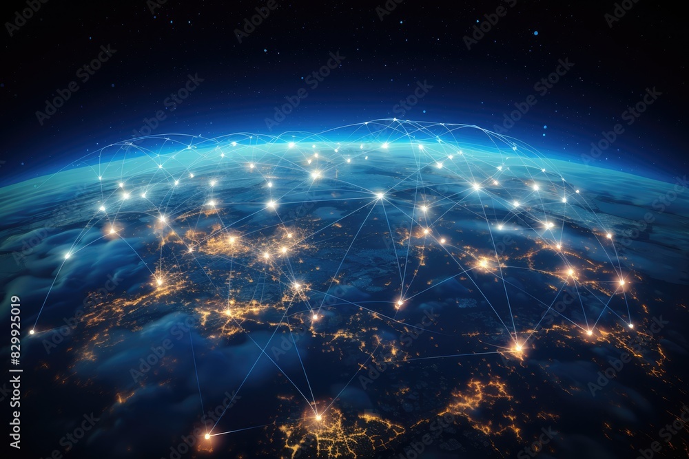 Poster a globe with a network of dots around it, a satellite internet constellation for global connectivity