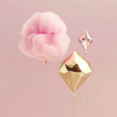 A mix of balloons in pastel colors. Large polygonal crystal, pink cloud-like puffs and diamond, all against a soft pink backdrop creating an airy, dreamy look.