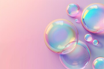 Vibrant soap bubbles with reflections and hues on a gentle pink to purple gradient backdrop, giving a dreamy effect