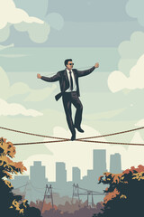 Businessman Balancing on Tightrope, Managing Risks and Uncertainties in Business with Strategic Planning