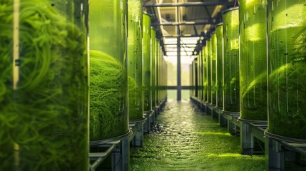 sustainable bioreactors filled with vibrant green algae co2 absorption climate change mitigation arcos de la frontera spain editorial photo