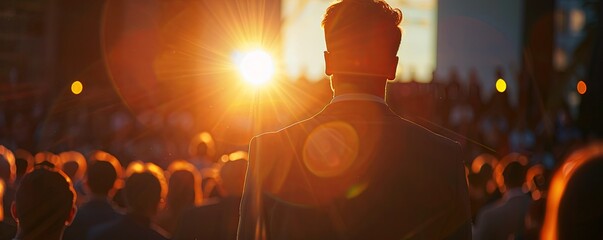 A confident young businessman is giving a talk on stage in front of audience at business conference, back view.