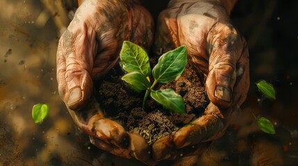 tender green shoots emerging from rich soil cupped in a farmers weathered hands symbol of growth and nurturing closeup digital painting
