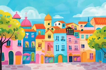 a colorful city with buildings and trees, Bright and cheerful cityscape with colorful buildings and shops