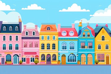 Fototapeta premium a colorful city with buildings and trees, Bright and cheerful cityscape with colorful buildings and shops