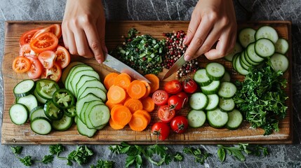 A woman's hands slicing fresh vegetables on a wooden cutting board, showcasing the vibrant colors and textures of the produce. Minimal and Simple style