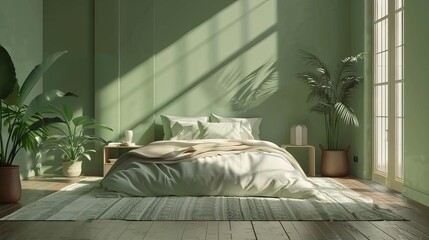 tranquil bedroom interior with wooden floor and green walls modern design digital illustration