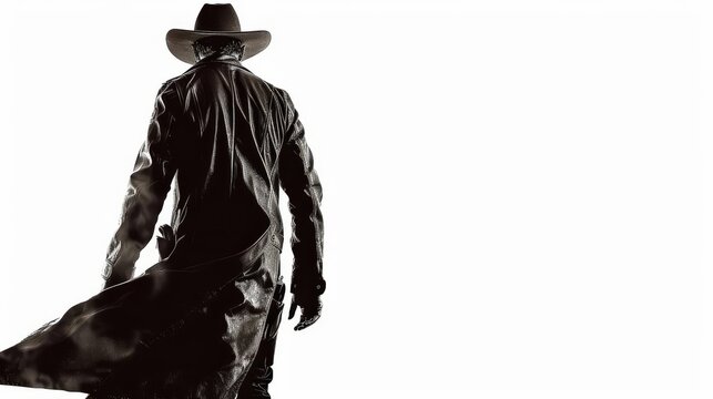 man in long leather trench coat walking into the distance silhouette of mysterious cowboy from the wild west isolated on white