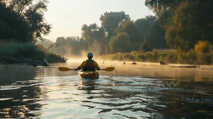 man kayaking on river early morning sport and active lifestyle outdoor adventure photography