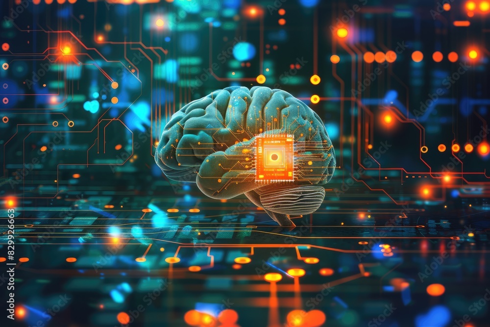 Poster a brain with glowing lights on it, An intricate circuit board with colorful wiring