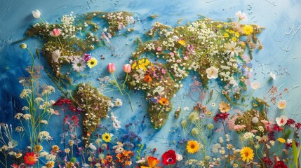 World map created with a variety of flowers and plants, with the continents outlined in a blue background that suggests water