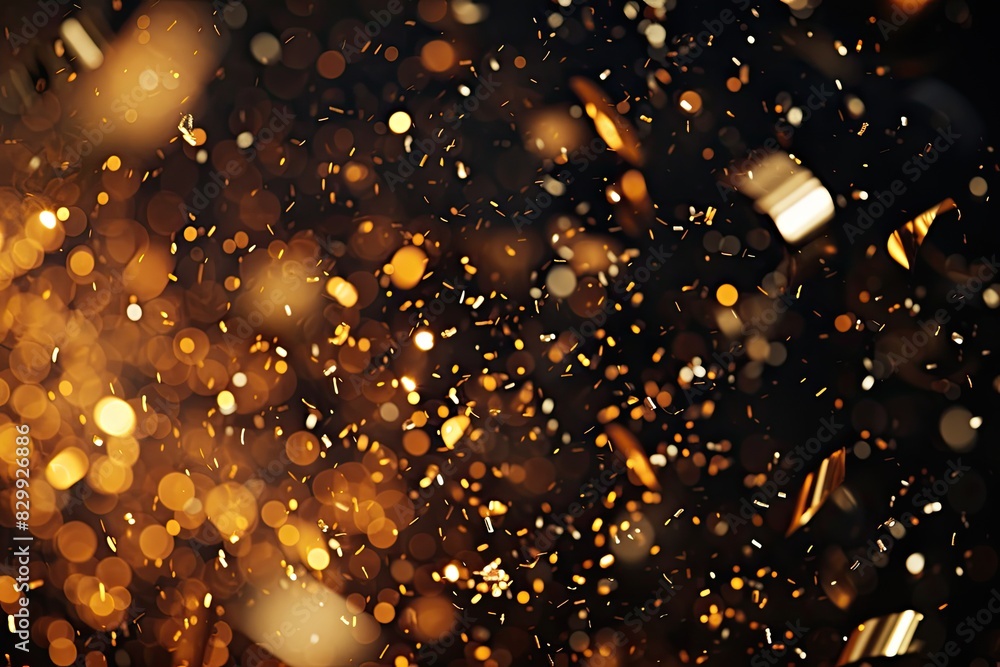 Poster a blurry image of a bunch of gold confetti, craft a dynamic scene with falling gold confetti and twi