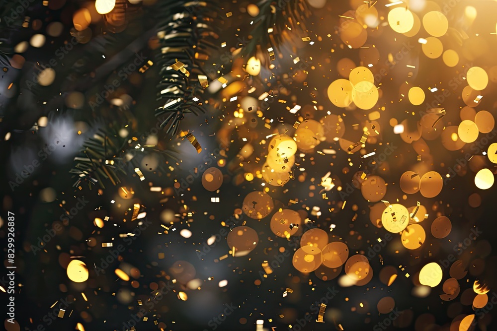 Poster a blurry image of a bunch of gold confetti, craft a dynamic scene with falling gold confetti and twi