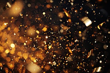a blurry image of a bunch of gold confetti, Craft a dynamic scene with falling gold confetti and twinkling lights - Powered by Adobe