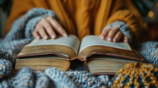 Close-up of hands flipping through pages of a well-loved book, showcasing the tactile pleasure of reading. Minimal and Simple style