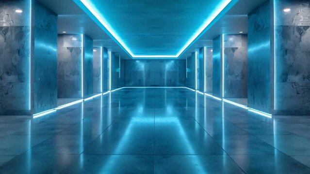 Blue neon lights illuminate a long, empty corridor with reflective floor.