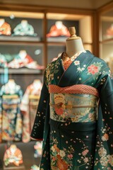 Naklejka premium A kimono with a floral pattern and a phoenix obi