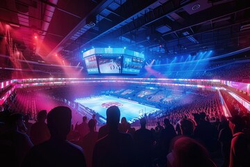 a large arena with a crowd of people watching a game, Design a high-tech sports arena with holographic displays and cheering fans